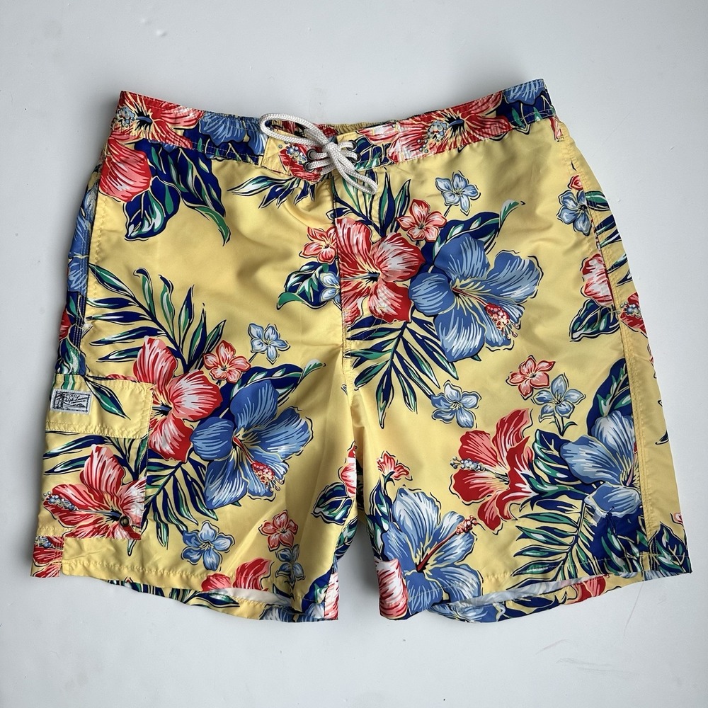 Polo Ralph Lauren Board Shorts Swim Trunks Men's XL Yellow Hibiscus Hawaiian